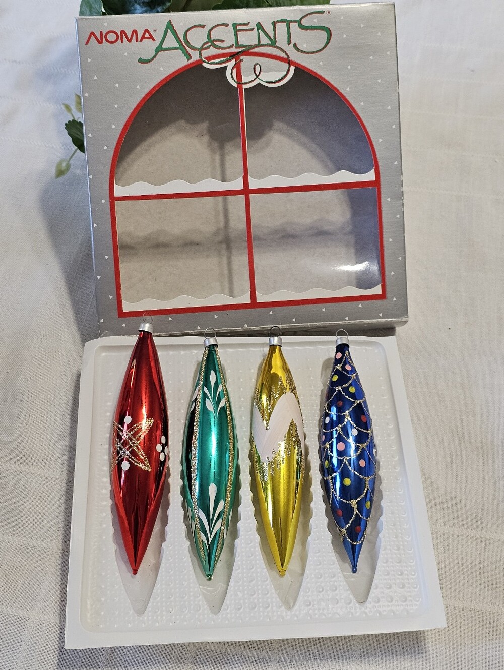 Vintage NOMA Accents Hand Blown Glass Christmas Ornaments Set of 4 Boxed